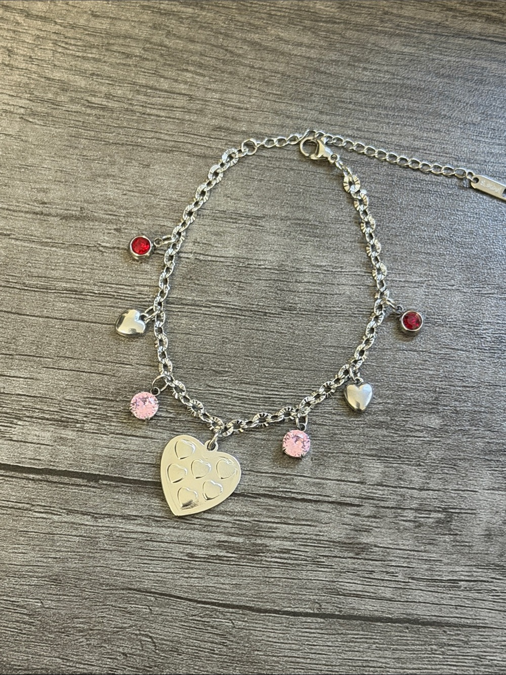 Stainless Steel Heart, Pink & Red Charm Bracelet